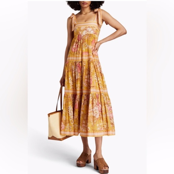 Zimmermann Dresses & Skirts - Zimmermann Pattie Mustard Floral Tie Strap Shoulder Tiered Midi Dress Size